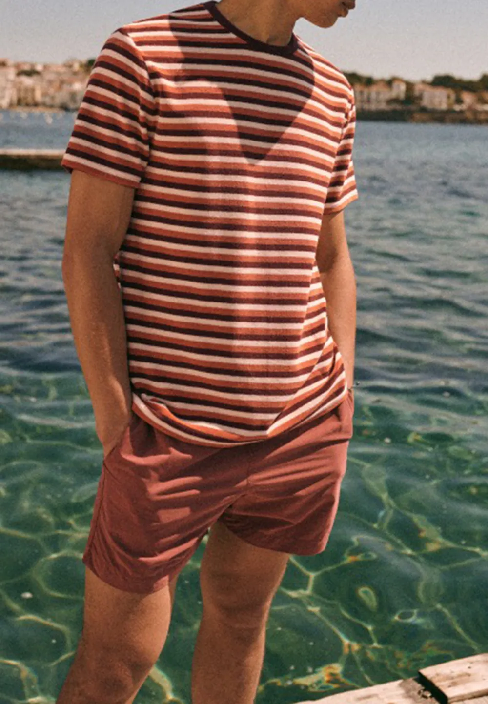 Rust Orange Stripe Print Short Sleeve Crew Neck T-Shirt