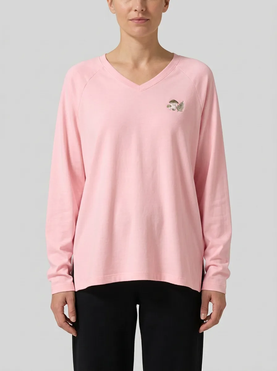 Women's Mushroom V-Neck Long-Sleeve Graphic T-Shirt