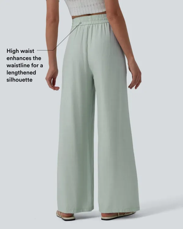 2026🔥High Waisted Drawstring Wide Leg Casual Linen-Blend Trousers with Pockets
