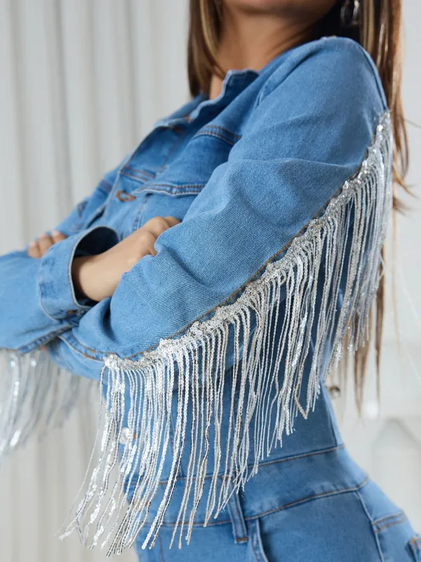 Fringe Half Button Long Sleeve Jumpsuit Denim Pants