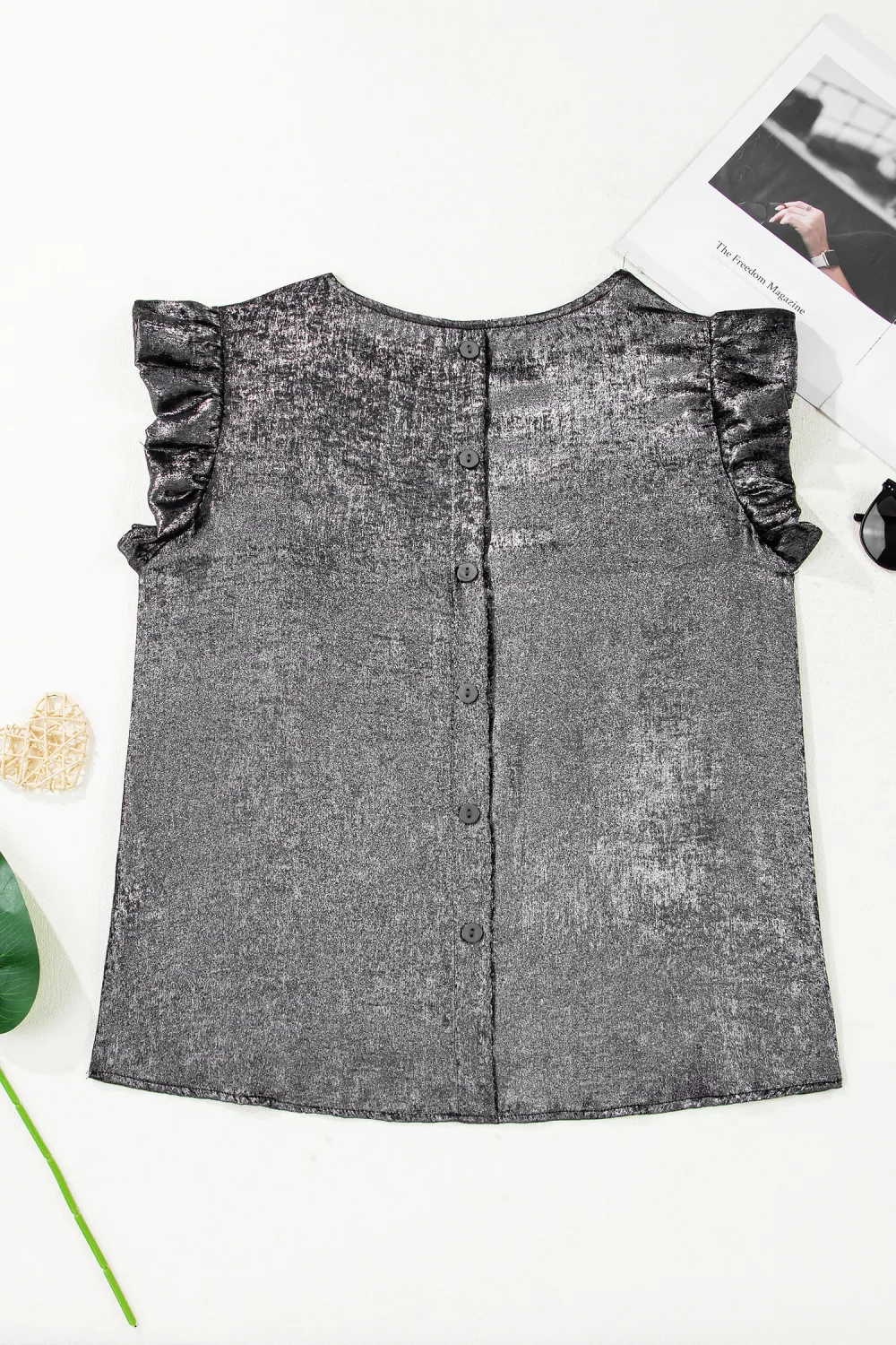 Silvery Metallic Round Neck Ruffle Top