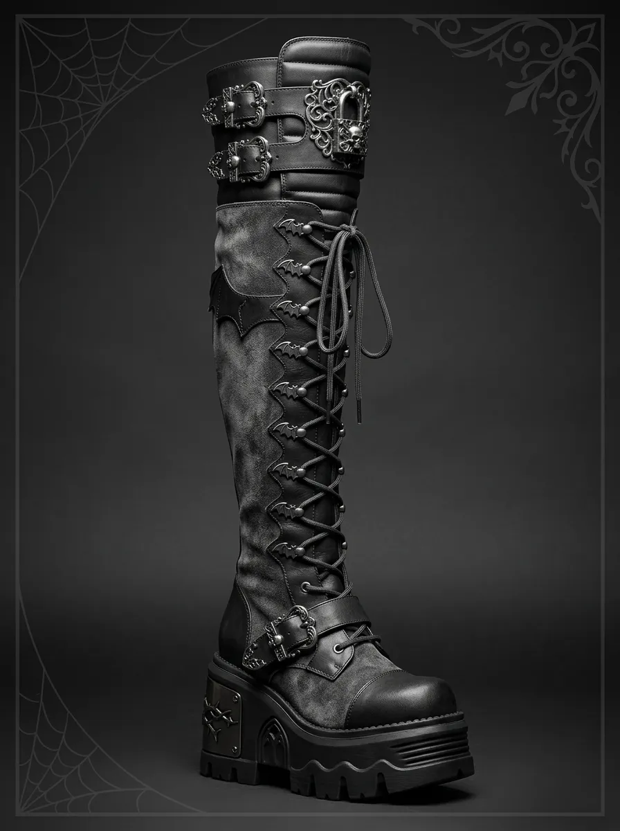 Ritual-Inspired Bat Lace Lace-Up Edit Women's Gothic Platform Knee High Boots