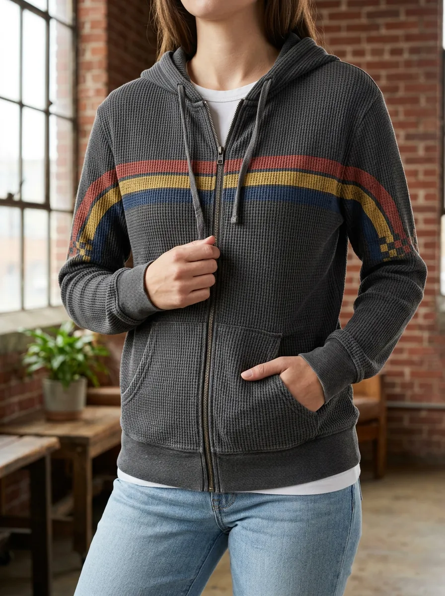 Women's Retro Rainbow Stripe Waffle Knit Printed Hoodie