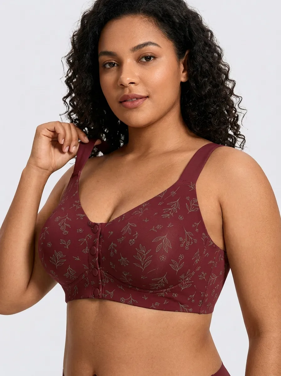 Women's Plus Size Sage Green Botanical Floral Front-Closure Full-Coverage Wireless Bralette