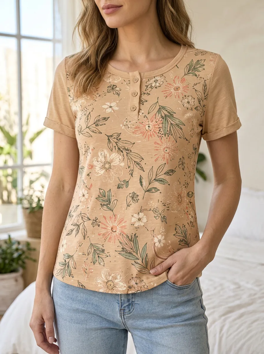 Women's Floral Botanical Print Henley T-shirt