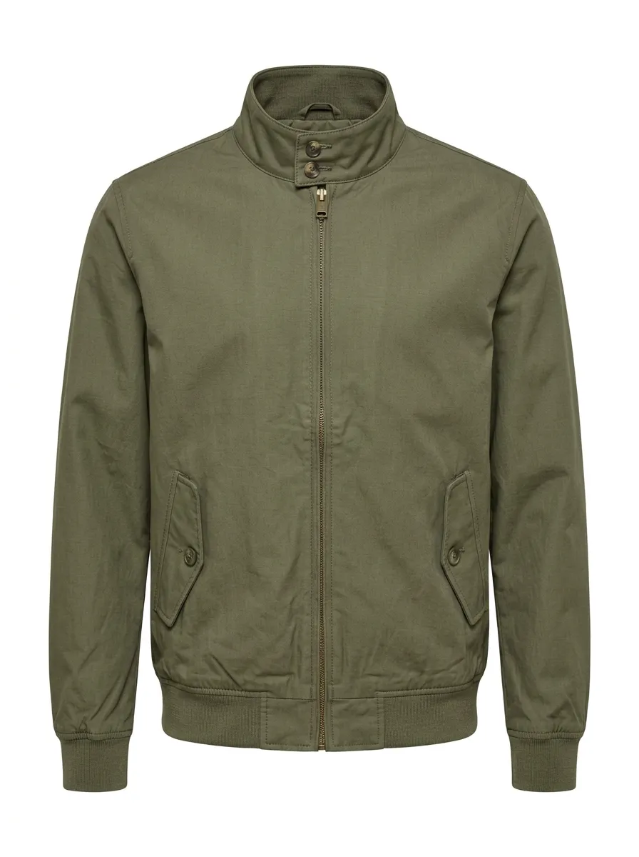 Men's Casual Military Style Olive Green Zip-up Harrington Jacket