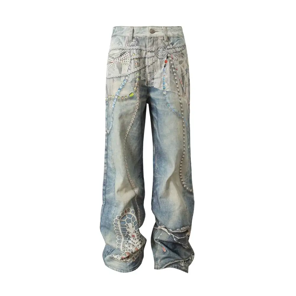 Embellished Deconstructed Denim Jeans