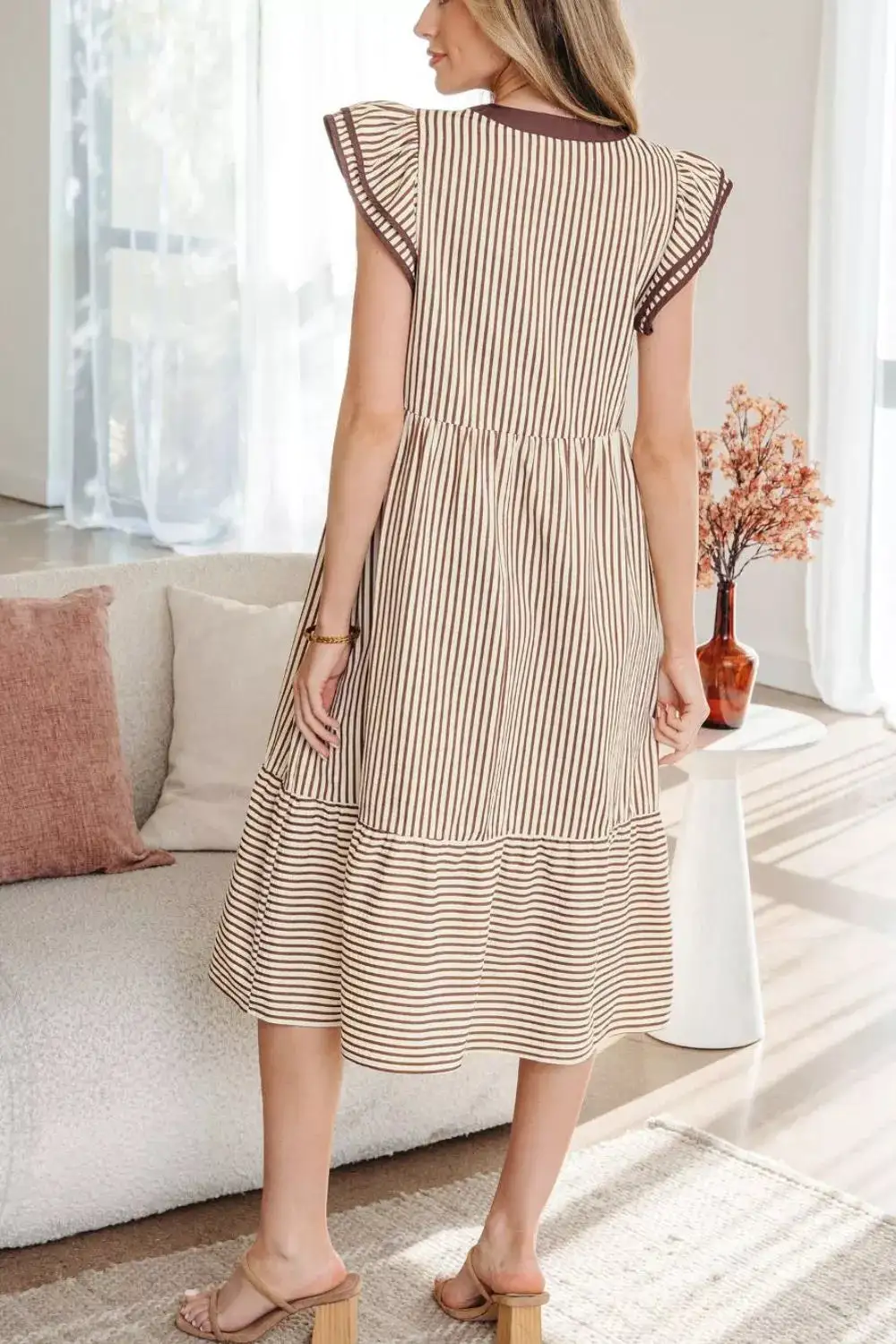 Striped V Neck Tiered Dress Casual