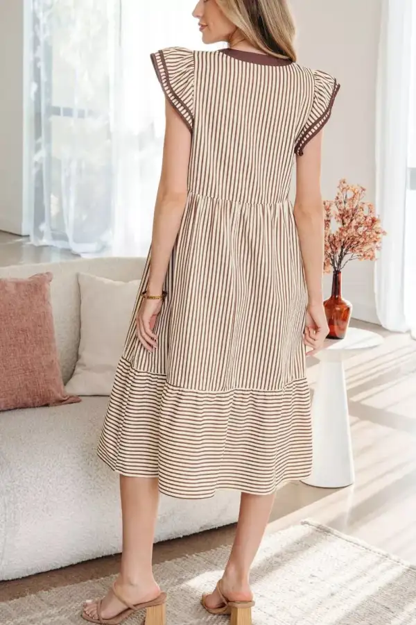 Striped V Neck Tiered Dress Casual
