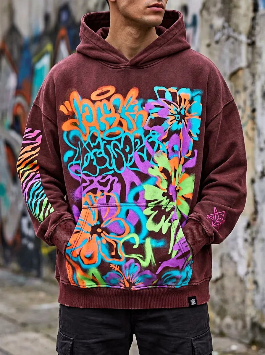 Unisex Streetwear Graffiti Floral Neon Graphic Fusion Hoodie