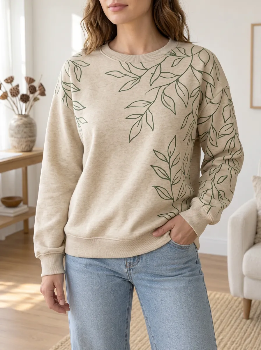 Women's Leaf Print Crewneck Sweatshirt Leaf Print Nature Inspired
