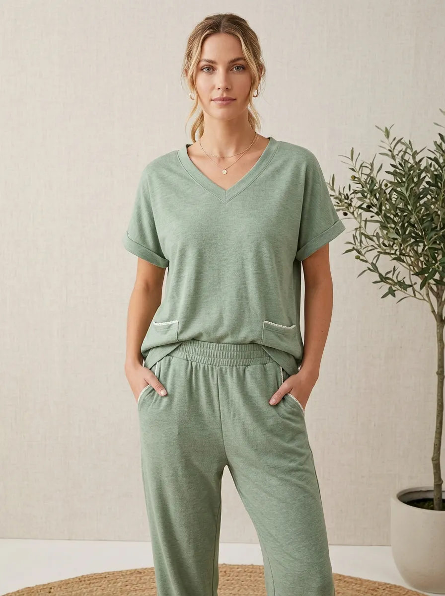 Short-Sleeve Contrast-Trim Women's V-Neck Shirt