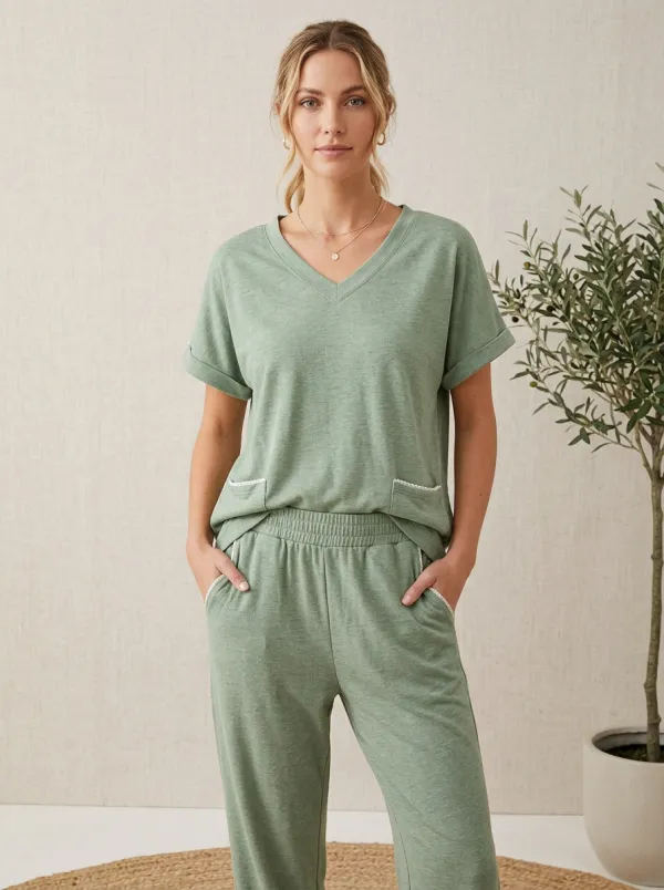 Short-Sleeve Contrast-Trim Women's V-Neck Shirt
