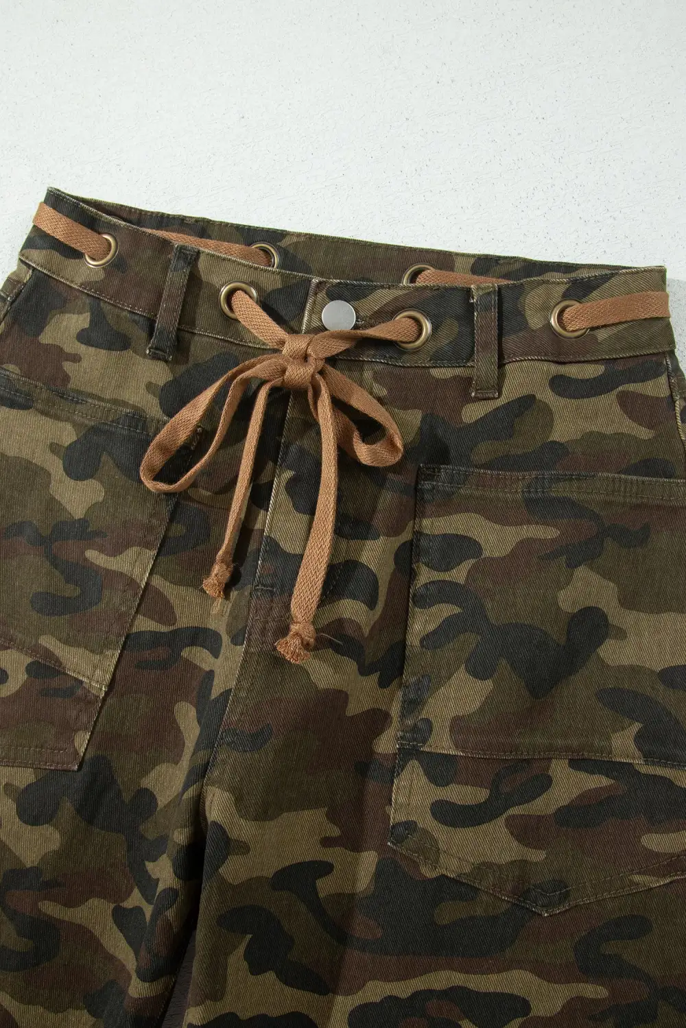 Women's Camouflage Print Retro Grommet Tie Waist Loose Jeans