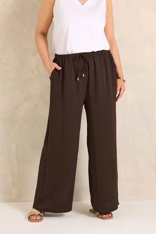 Chocolate Brown Tie Waist Wide Leg Trousers detail 1