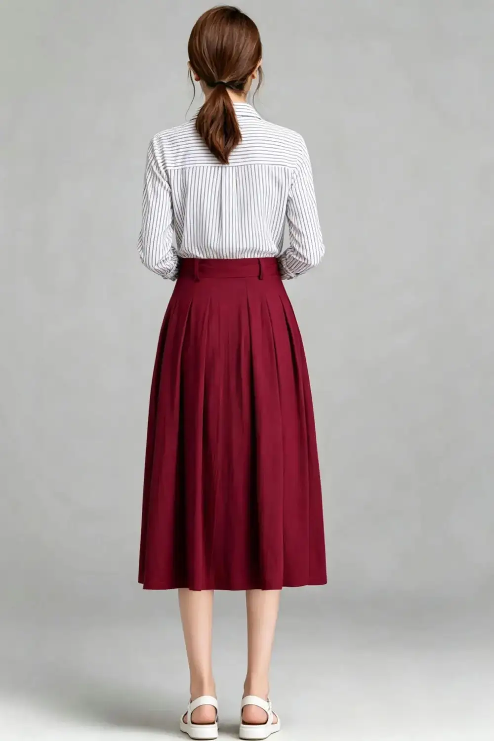 Artful Linen Cotton Pleated A Line High Waist Midi Skirt