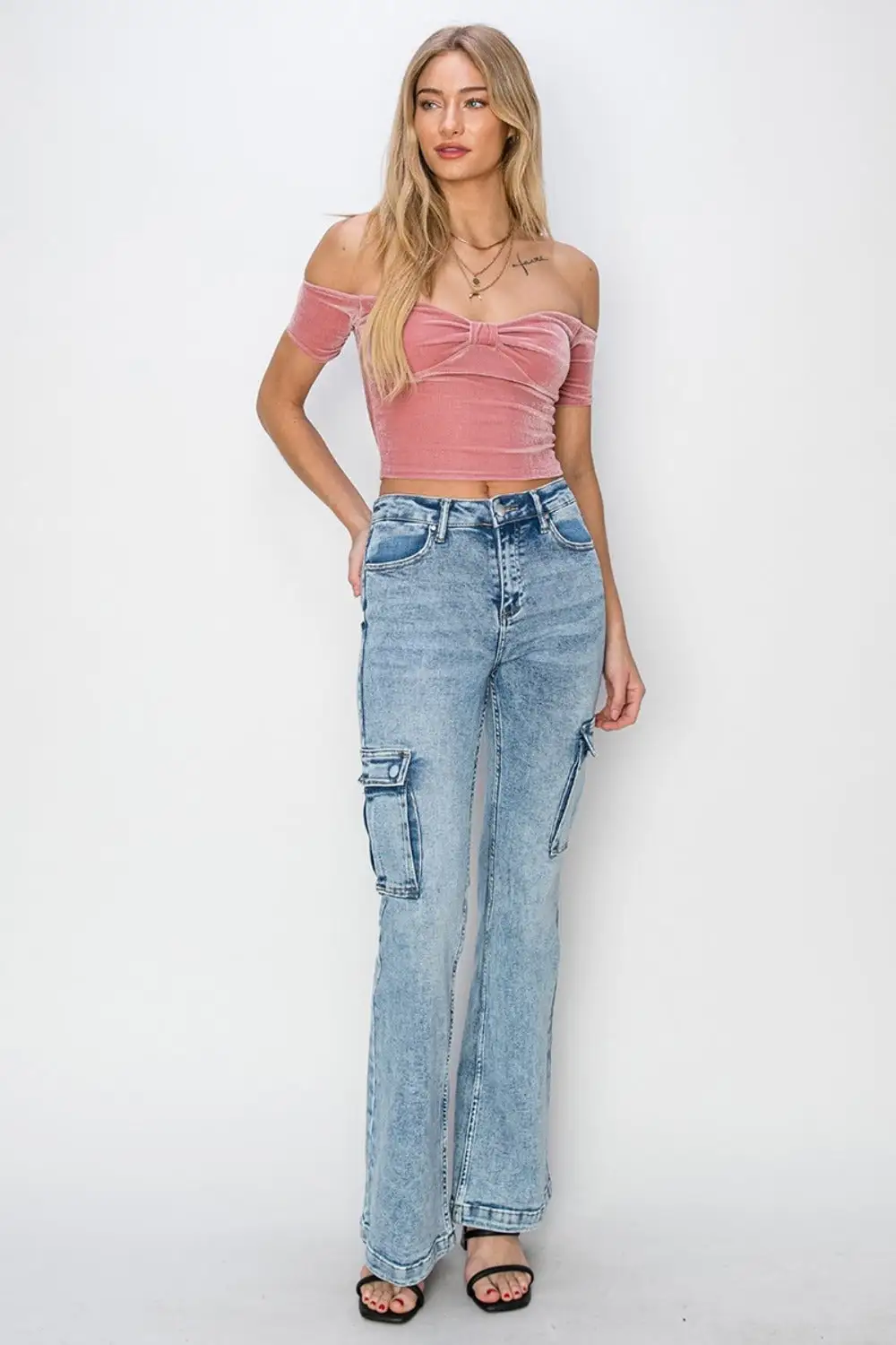 High Rise Cargo Flared Detail Denim Jeans