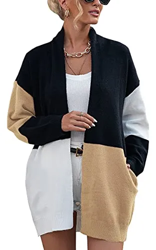 Womens Cardigan Color Block Striped Draped Kimono Cardigans Long Sleeve Open Front Casual Knit Sweaters Coat Outwear