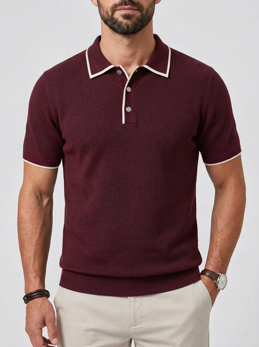 Men's Casual Business Navy Textured Contrast Trim Polo Shirt