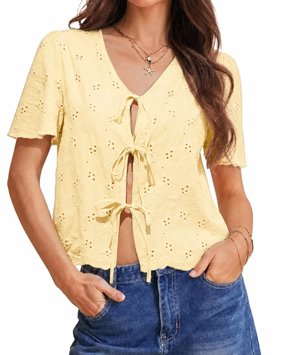 Women's Eyelet Embroidered Tie-Front Blouse