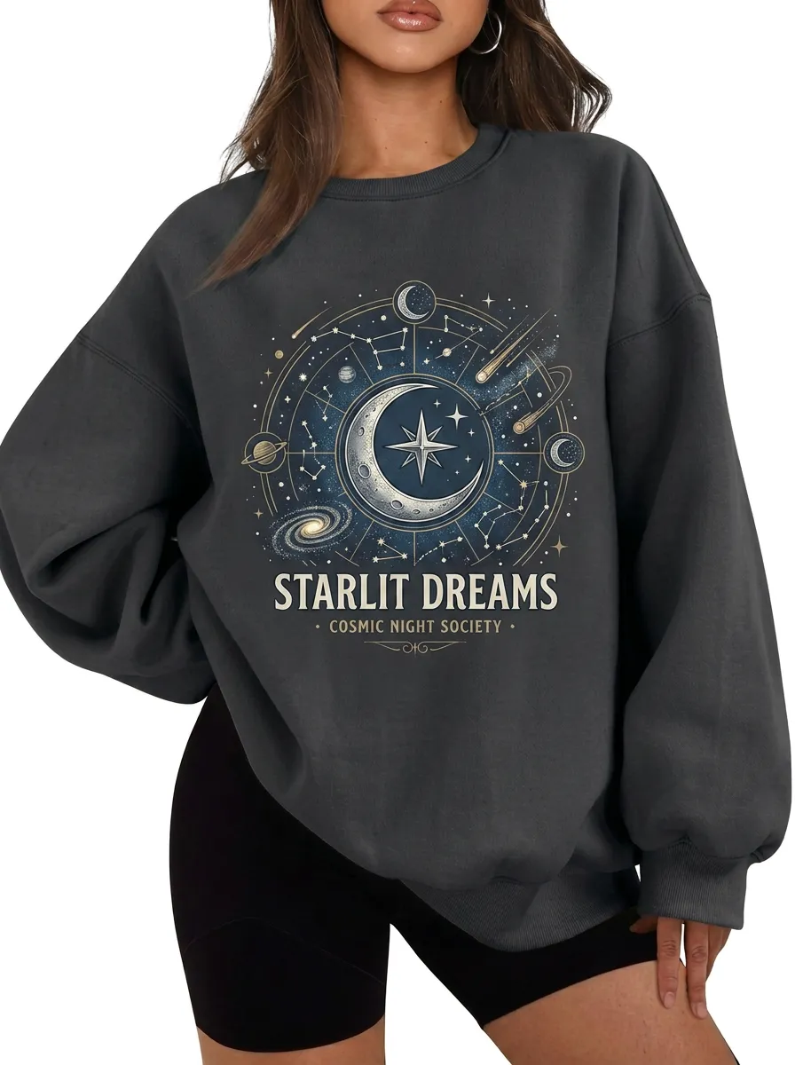 Women's Starlit Dreams Cosmic Moon Stars Printed T-shirt