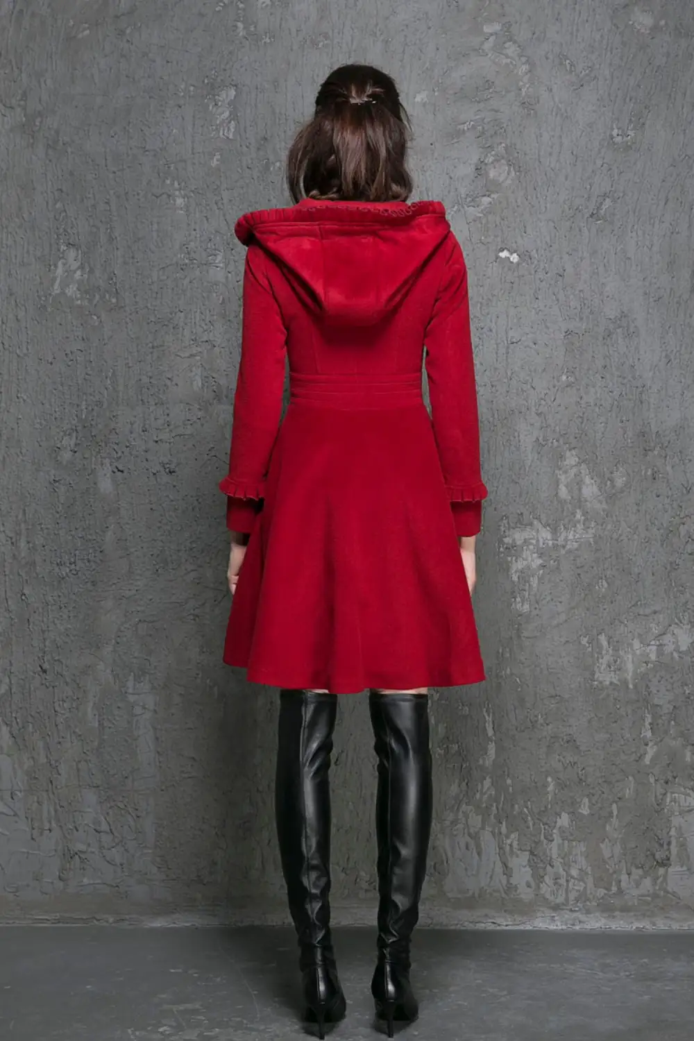 Wool Blend Fit and Flare Hooded Ruffle Trim Button Front Coat
