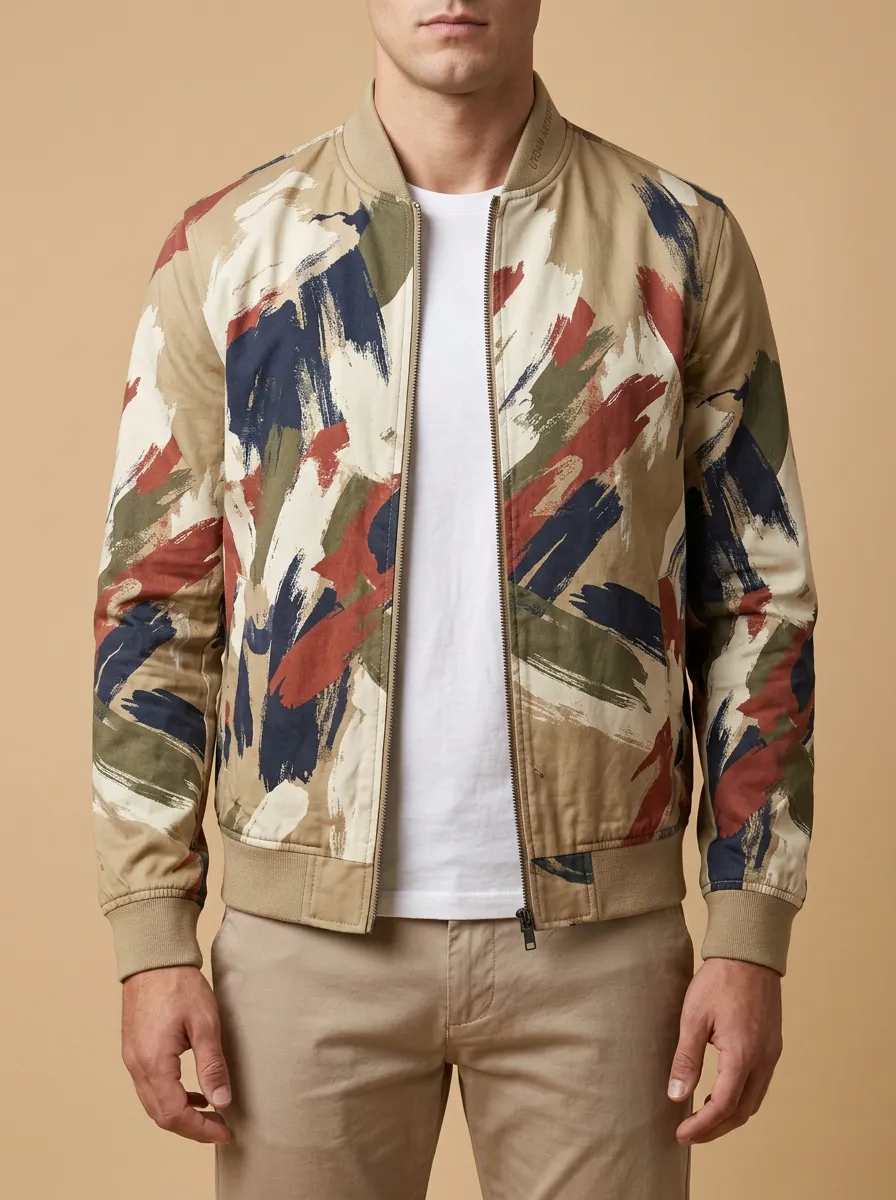 Men's Abstract Brushstroke Camo Printed Bomber Jacket
