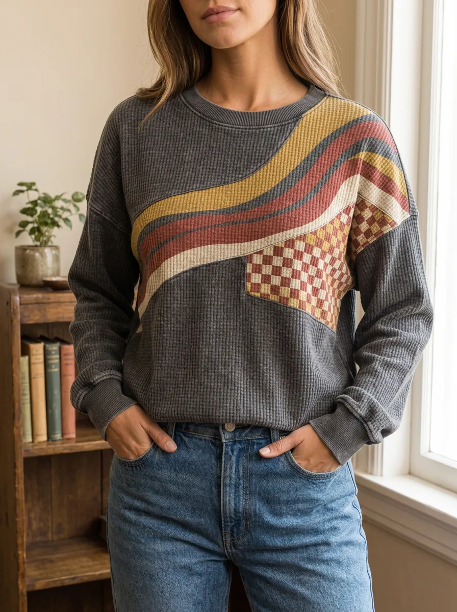 Women's Retro Wavy Checkered Pattern Printed Waffle Knit Crewneck Sweatshirt