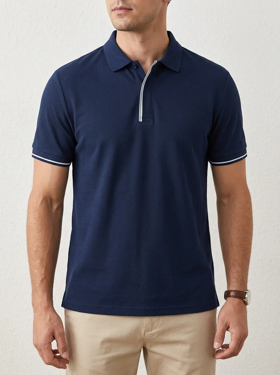 Men's Navy Blue Buttonless Tipped Pique Polo Shirt