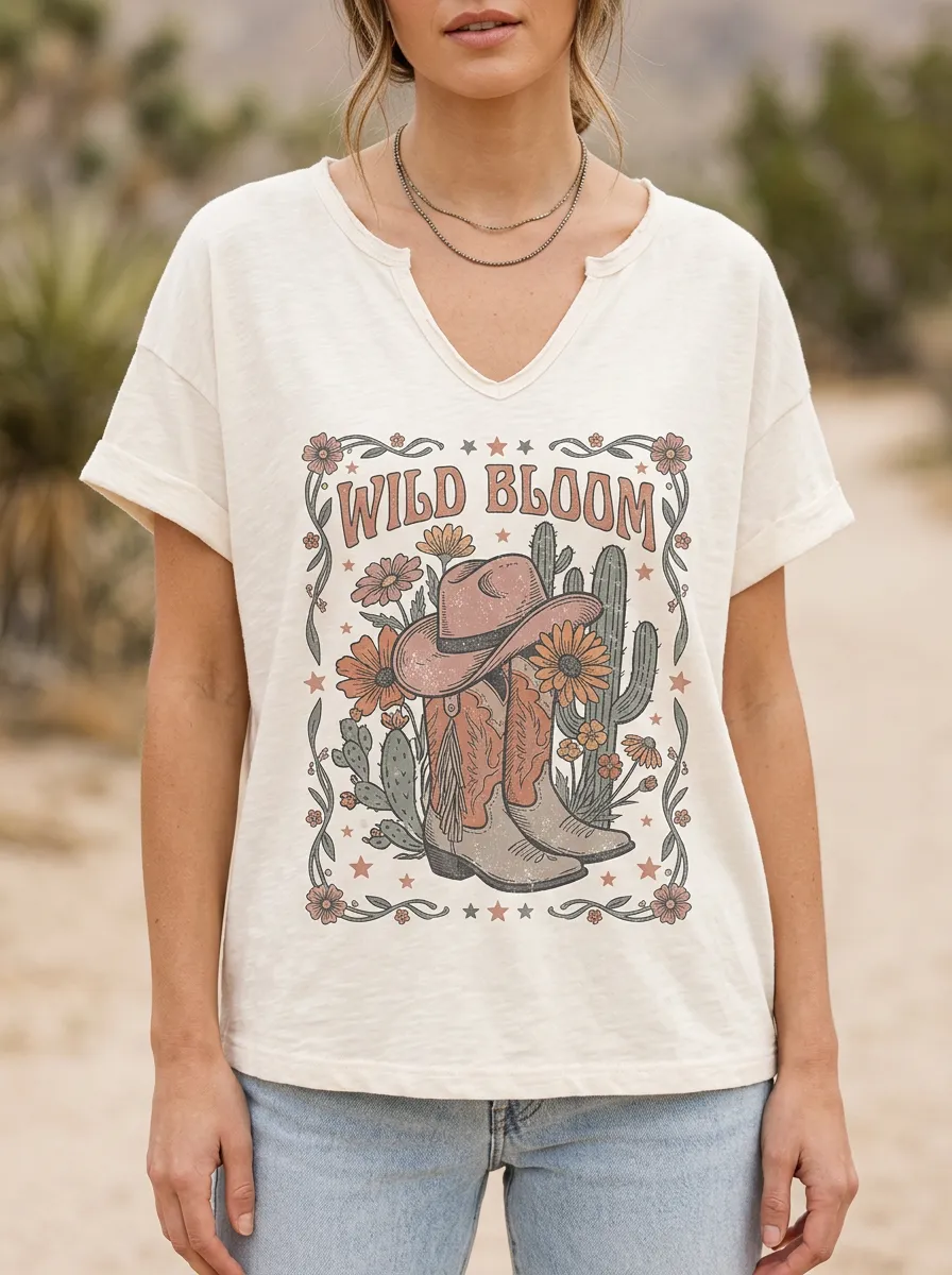Cowboy-Boot Cactus Floral Women's V-Neck T-Shirt