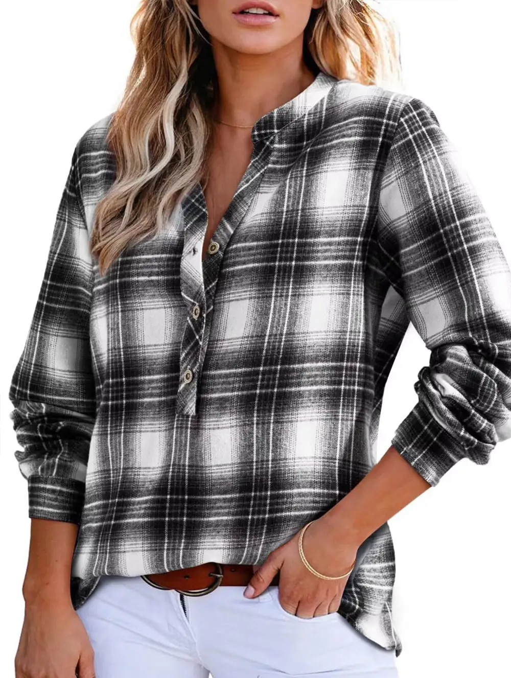 V Neck Plaid Button Shirt