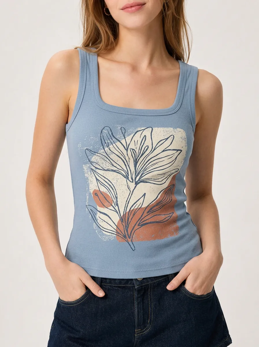 Women's Botanical Art Abstract Floral Printed Ribbed Tank Top