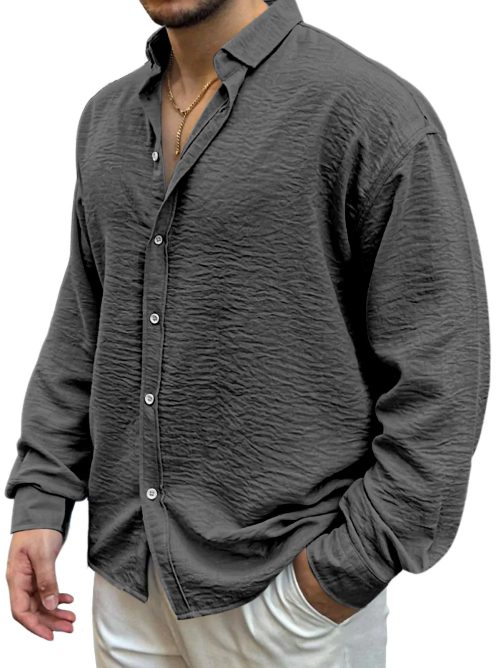 Garment Washed Camp Collar Pleated Front Shirt