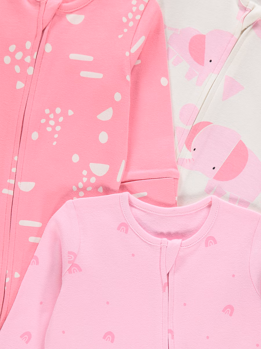 Pink Elephant Zip Fasten Sleepsuits 3 Pack detail 1