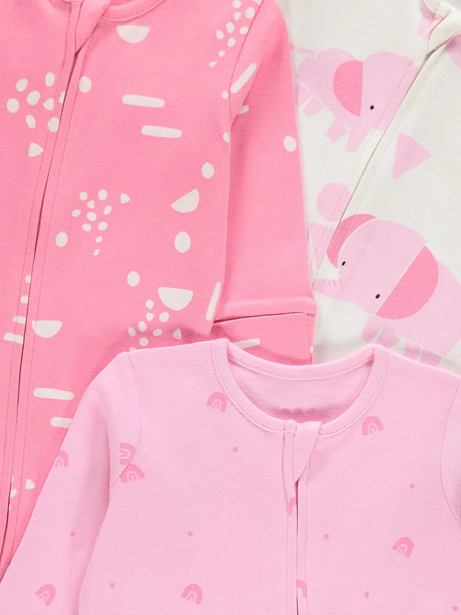 Pink Elephant Zip Fasten Sleepsuits 3 Pack