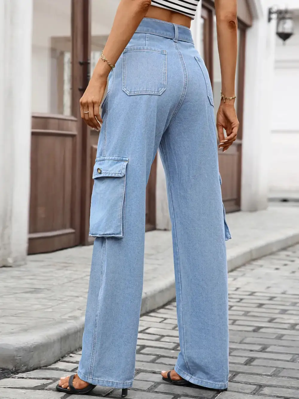 High Waist Cargo Pocketed Denim Jeans