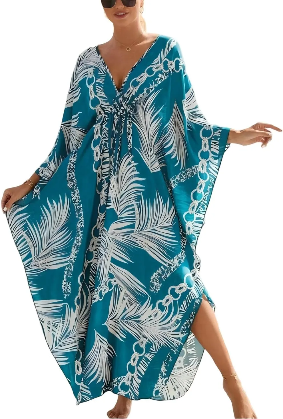 IMAGEKOPE Kaftan Dresses for Women Plus Size V-Neck Moo Moos Batwing Kaftan Beach Dress Bathing Suit Cover-Up Loungewear