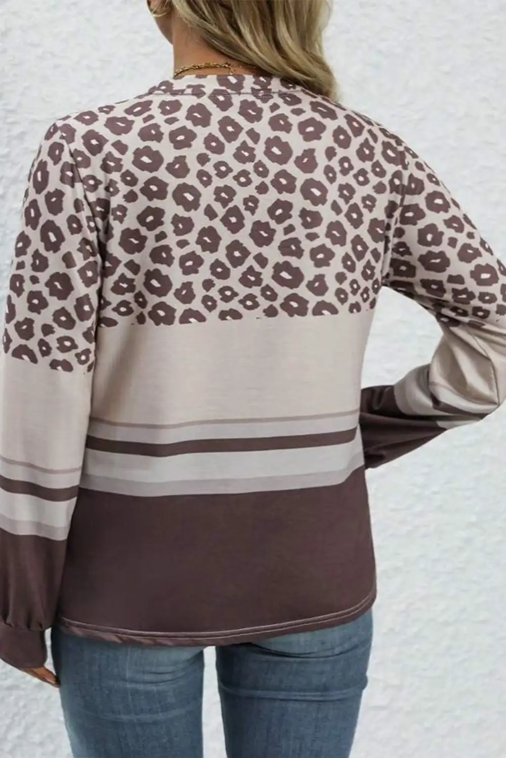 Women's Striped Leopard Print Crew Neck Top