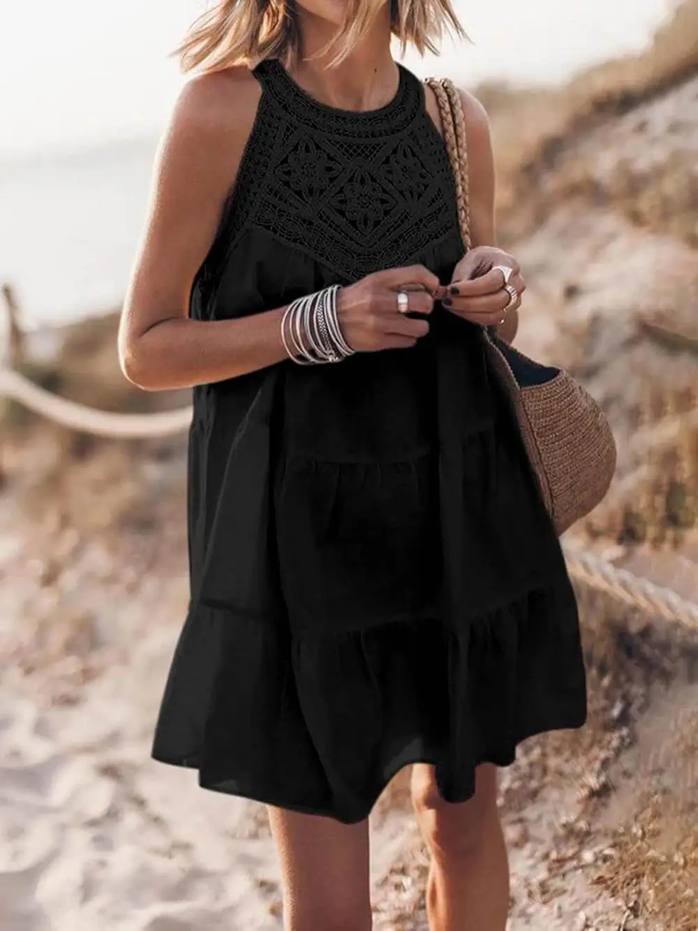 Hollow Lace Patchwork Halterneck Line Mini Dress
