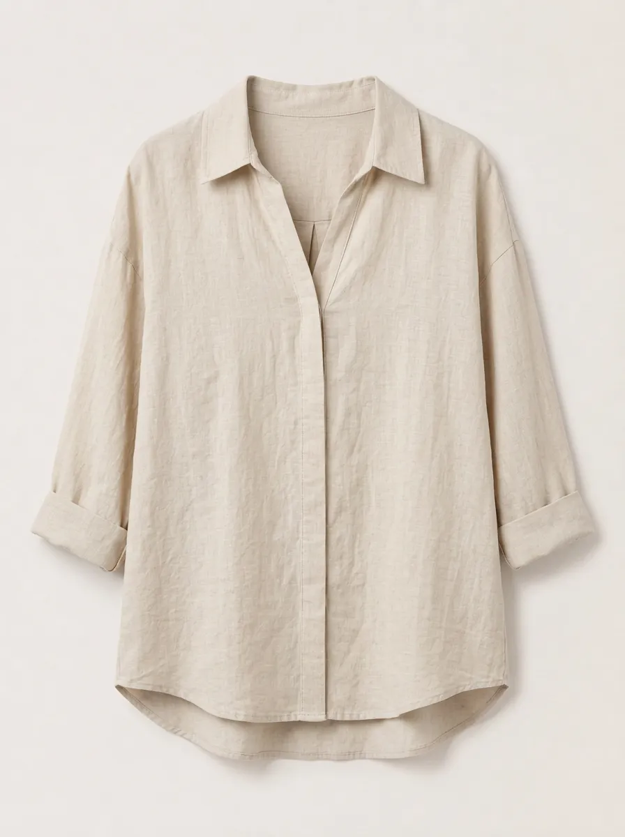 Women's Casual Beige Cotton Linen V-Neck Rolled Sleeve Shirt