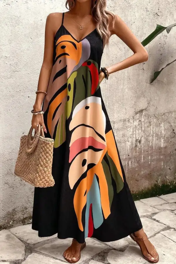 Leaf Print V-Neck Maxi Cami Dress