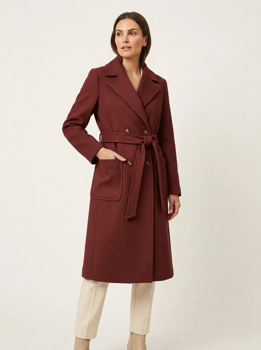 Women's Camel Classic Double-Breasted Belted Wool Coat