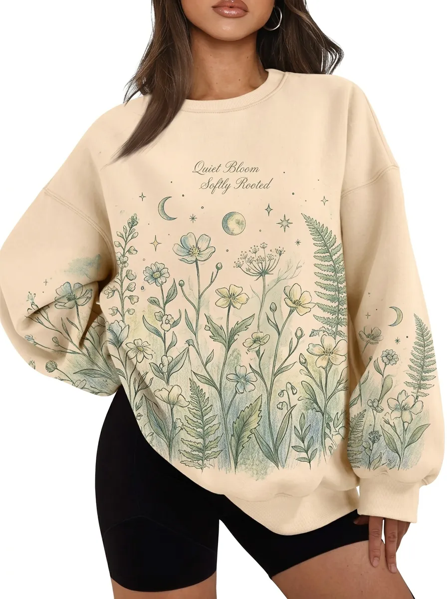 Women's Botanical Nature Floral Moon Graphic Sweatshirt