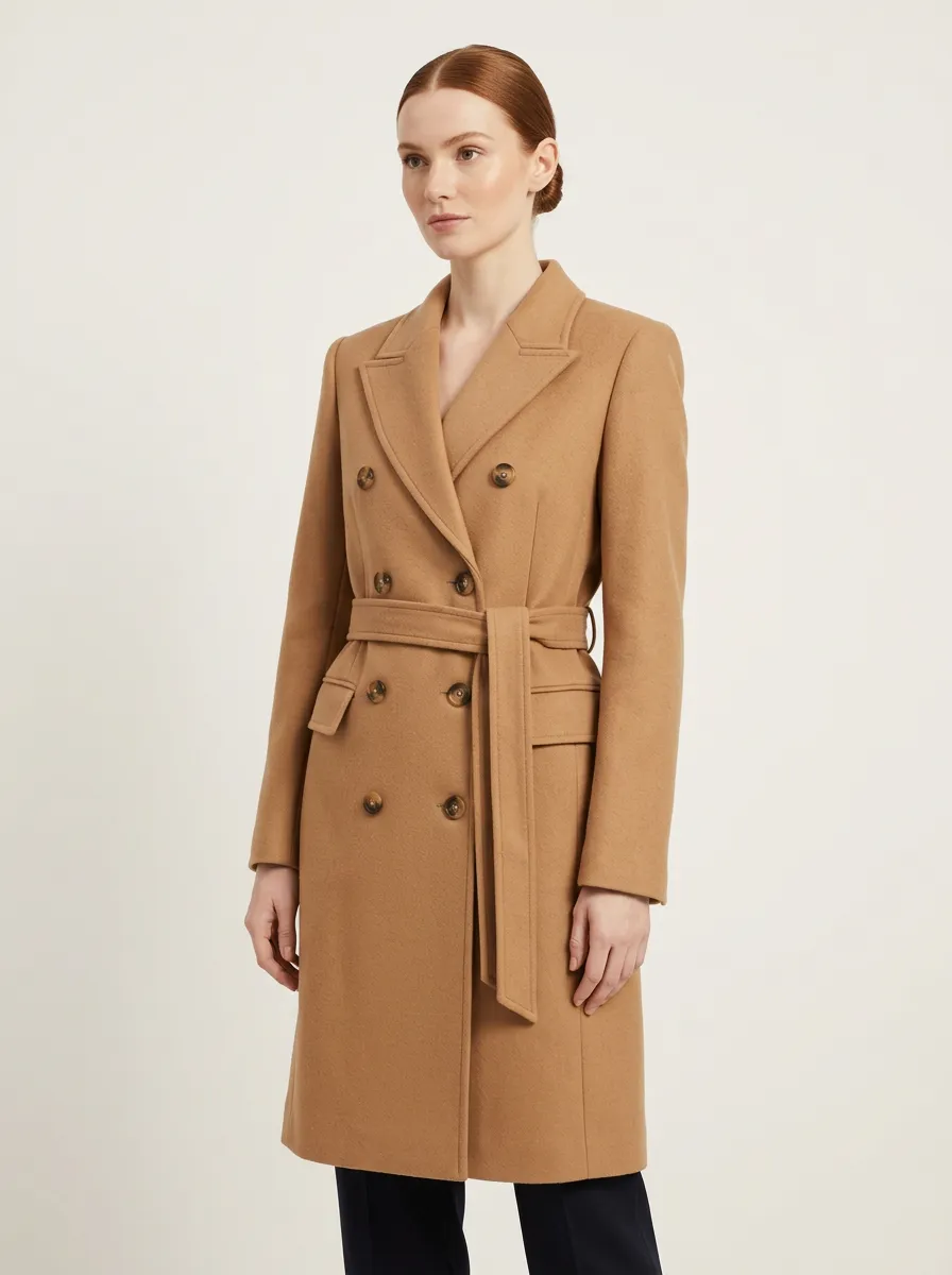 Women's Camel Double-Breasted Belted Wool-Blend Coat