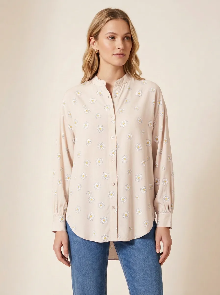 Women's Daisy-Print Dropped-Shoulder Mandarin Shirt