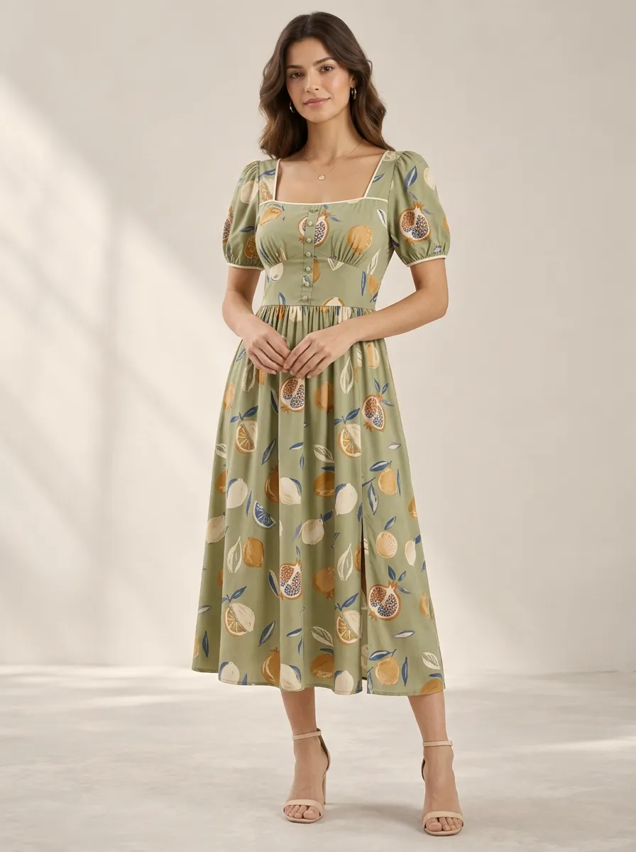 Women's Pomegranate Botanical Leaf Studio Inspired Printed Dress