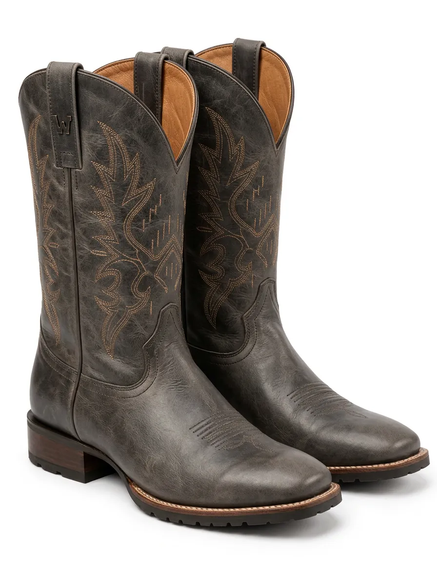 Men's Distressed Leather Cowboy Boots with Embroidery