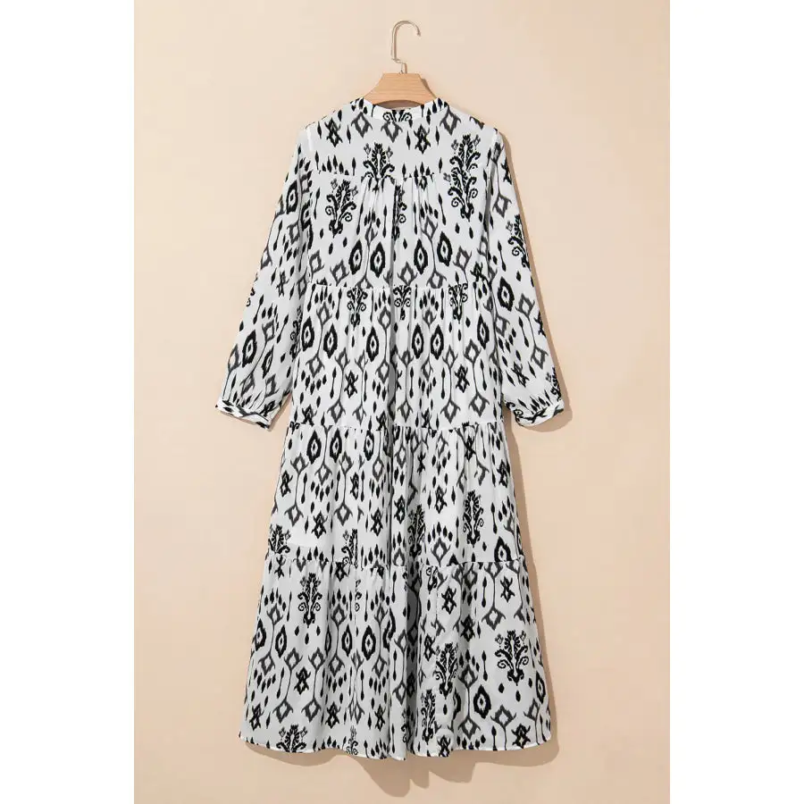 Tiered Notched Long Sleeve Midi Dress