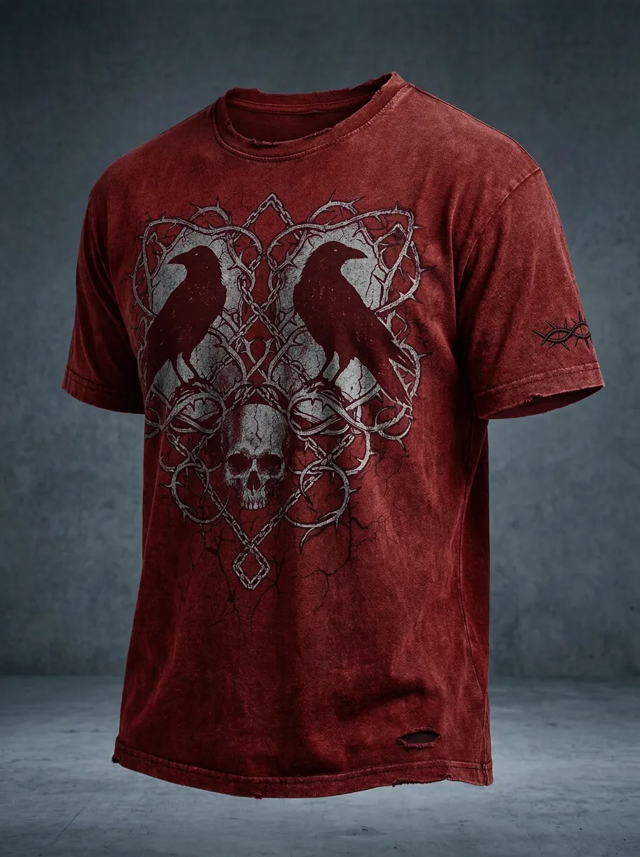 Statement Skull Raven Barbed Wire Profile Men's Gothic T-Shirt