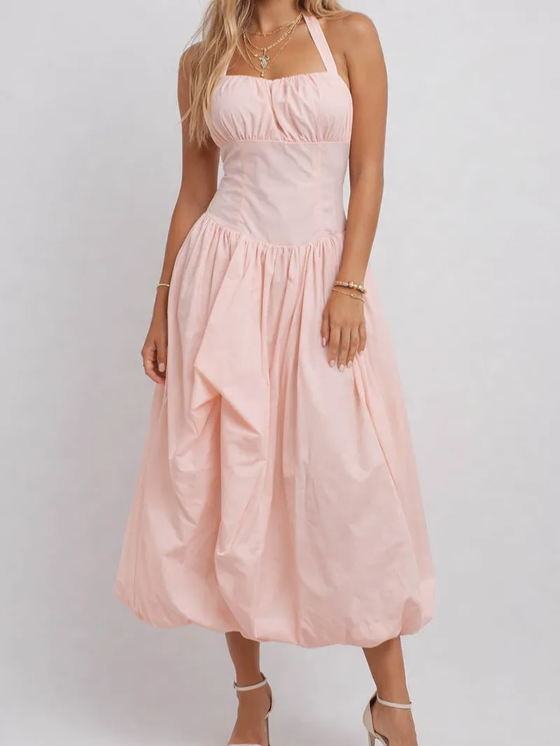 Halter Square Neck Ruched Strap Split Midi Dress